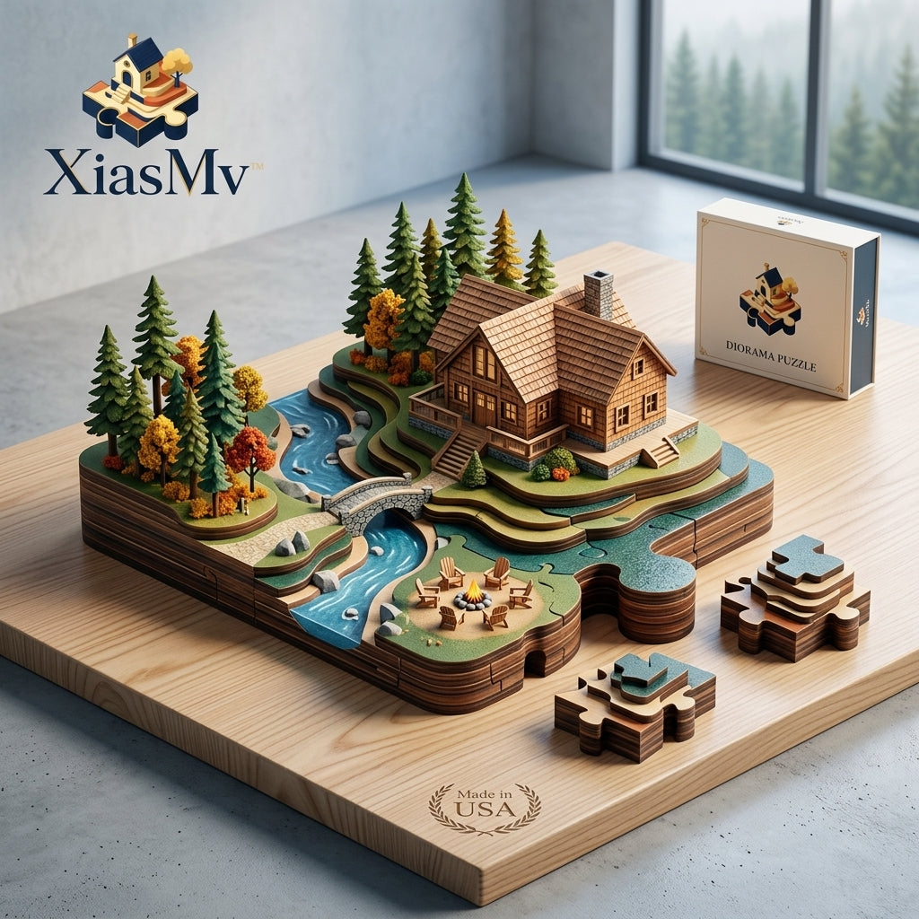 *XiasMv™ 3D Wooden Cabin Diorama Puzzle with Forest, River & Campfire Scene*
