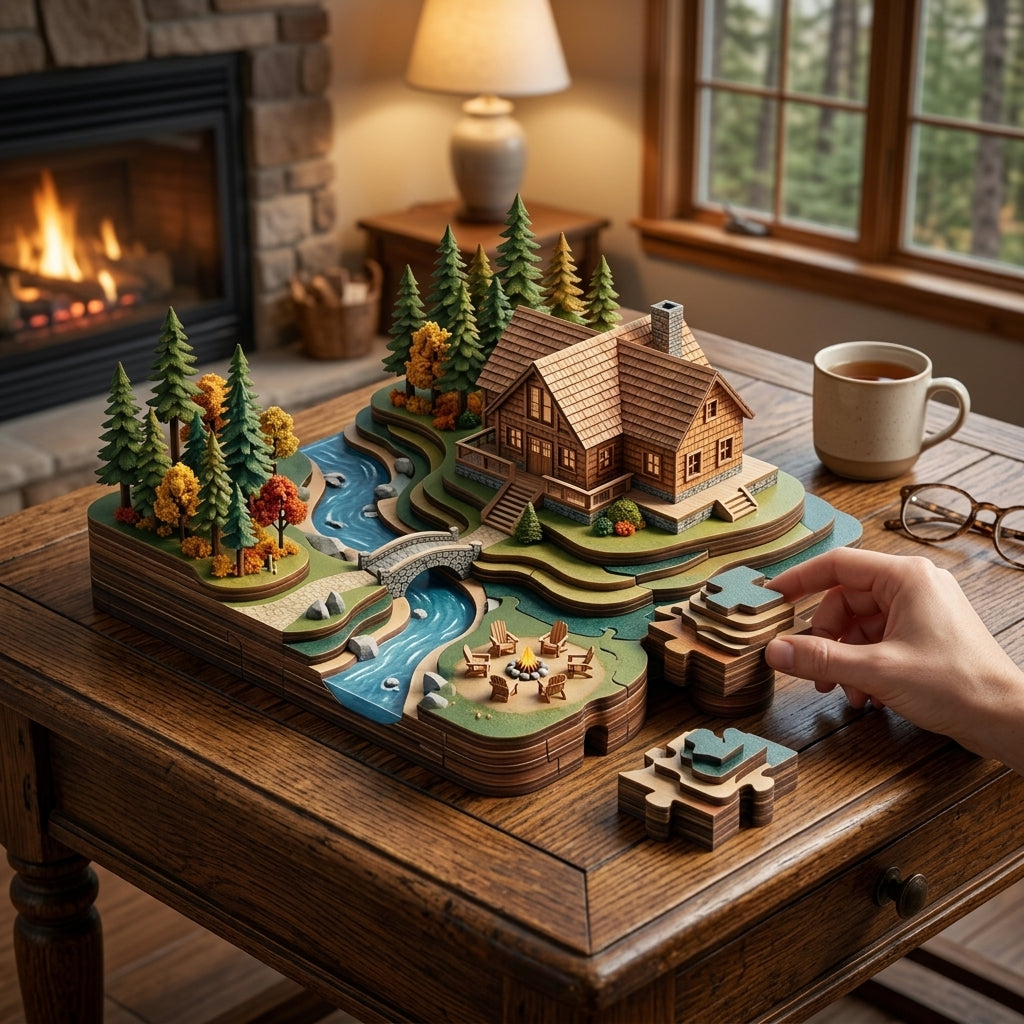 *XiasMv™ 3D Wooden Cabin Diorama Puzzle with Forest, River & Campfire Scene*