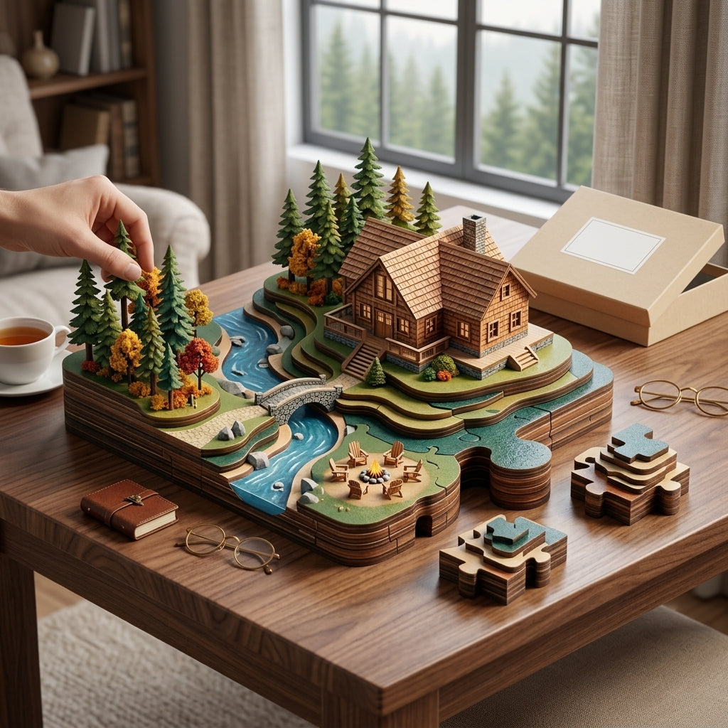 *XiasMv™ 3D Wooden Cabin Diorama Puzzle with Forest, River & Campfire Scene*