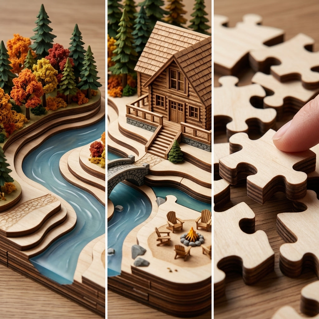 *XiasMv™ 3D Wooden Cabin Diorama Puzzle with Forest, River & Campfire Scene*