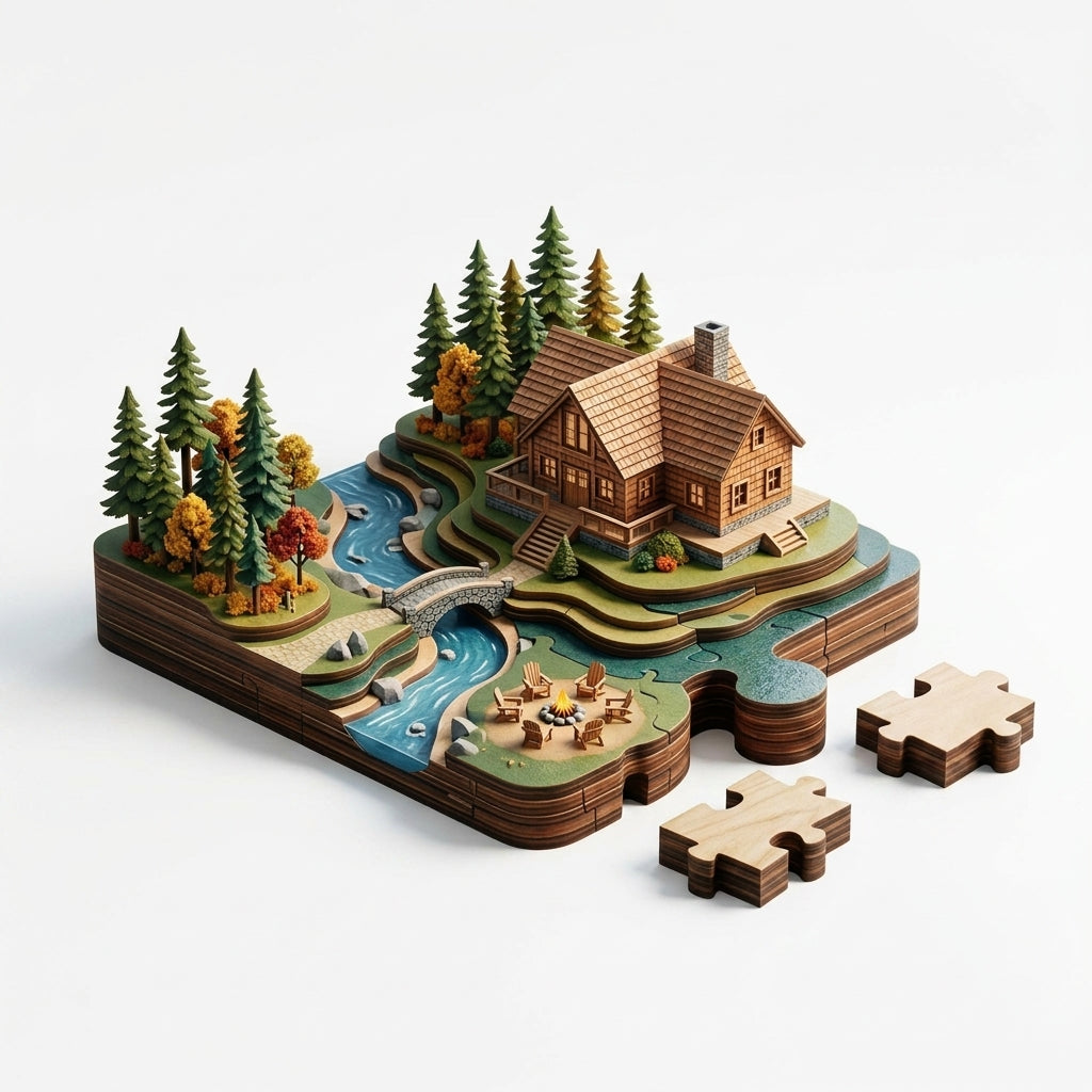 *XiasMv™ 3D Wooden Cabin Diorama Puzzle with Forest, River & Campfire Scene*