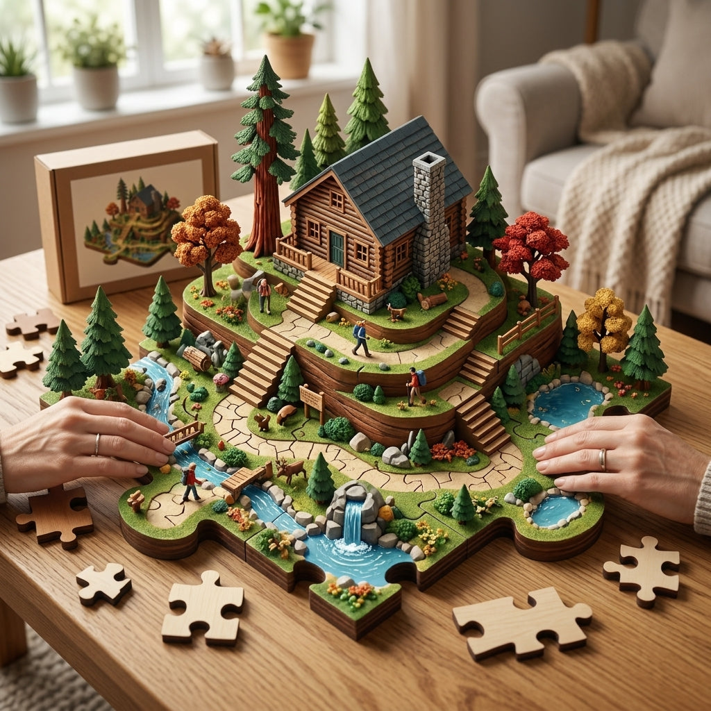 XiasMv™ 3D Wooden Puzzle – Mountain Cabin Forest Landscape detail view