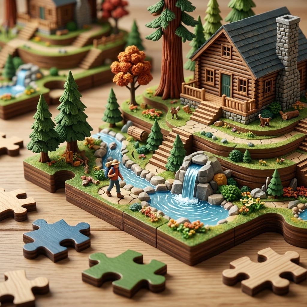 XiasMv™ 3D Wooden Puzzle – Mountain Cabin Forest Landscape Building Set