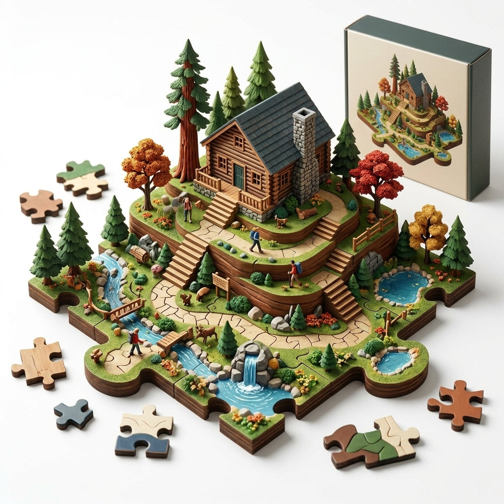 XiasMv™ 3D Wooden Puzzle – Mountain Cabin Forest Landscape Building Set