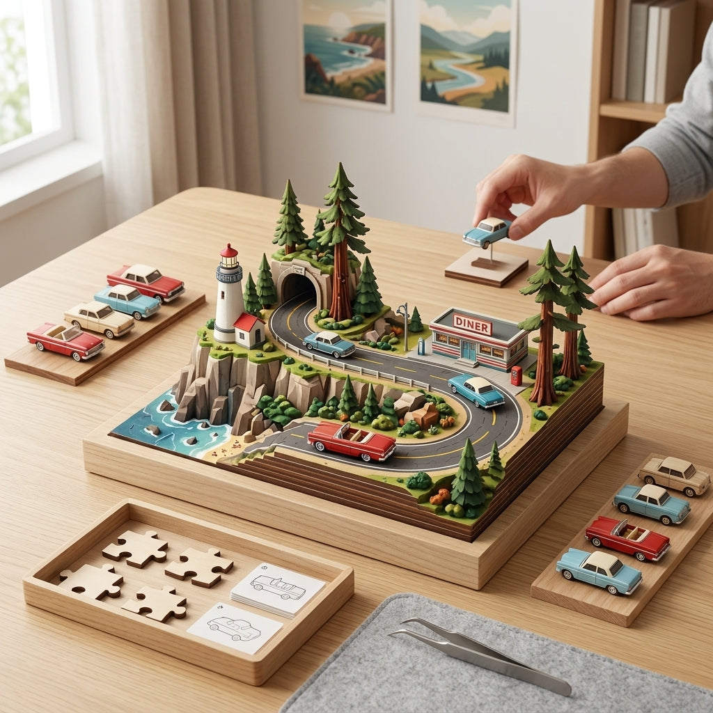 *XiasMv™ 1000-Piece 3D Coastal Road Diorama Puzzle with Lighthouse, Diner & Scenic Highway*