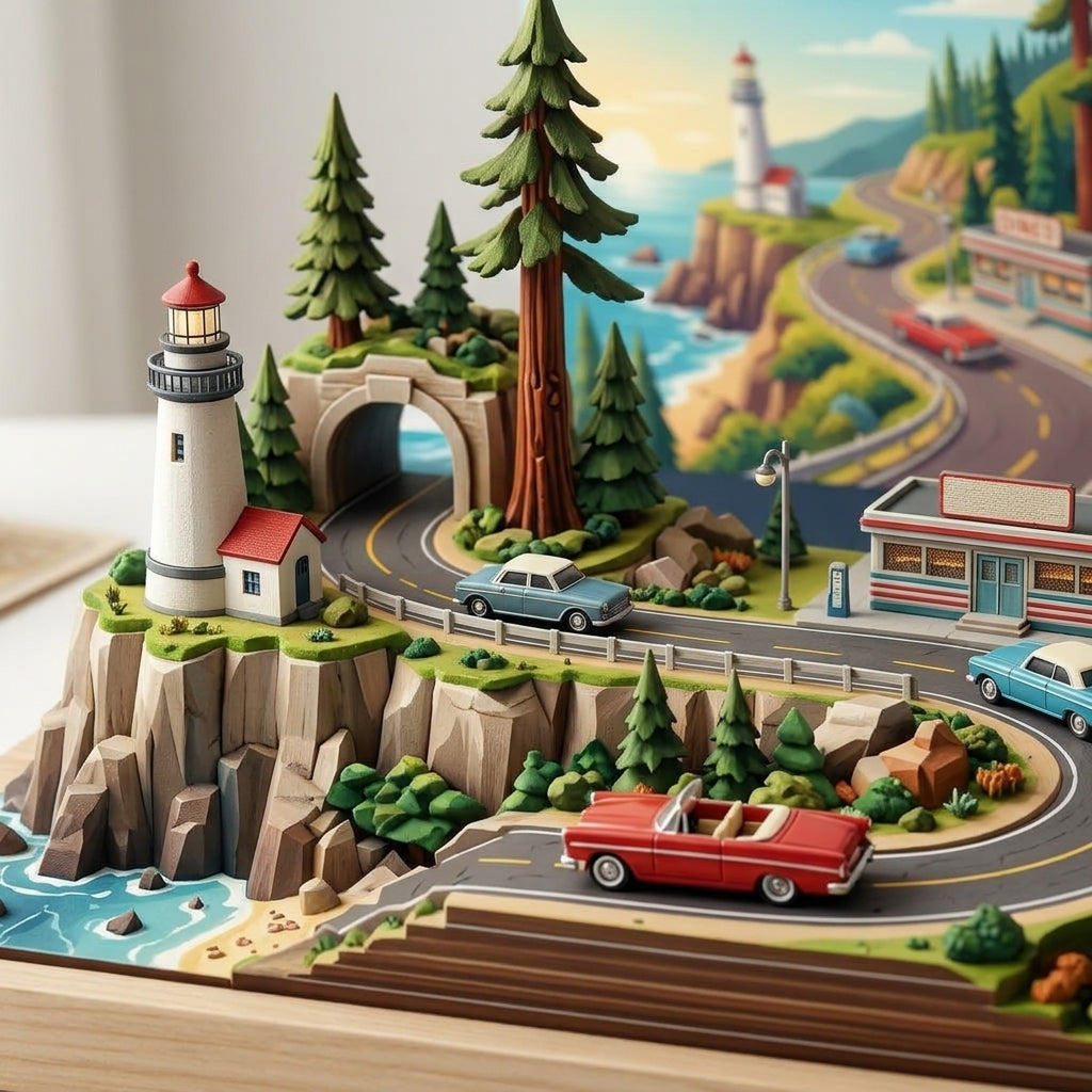 *XiasMv™ 1000-Piece 3D Coastal Road Diorama Puzzle with Lighthouse, Diner & Scenic Highway*