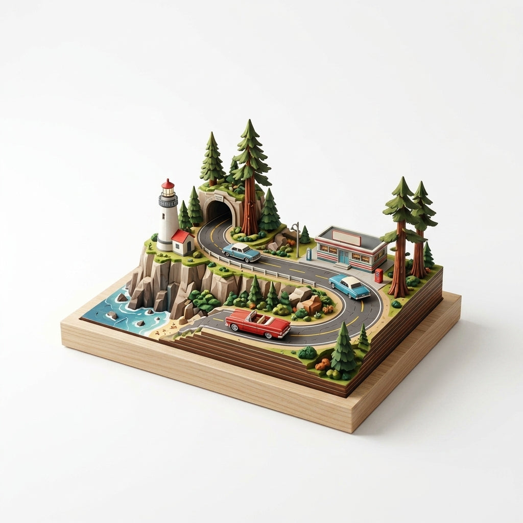 *XiasMv™ 1000-Piece 3D Coastal Road Diorama Puzzle with Lighthouse, Diner & Scenic Highway*