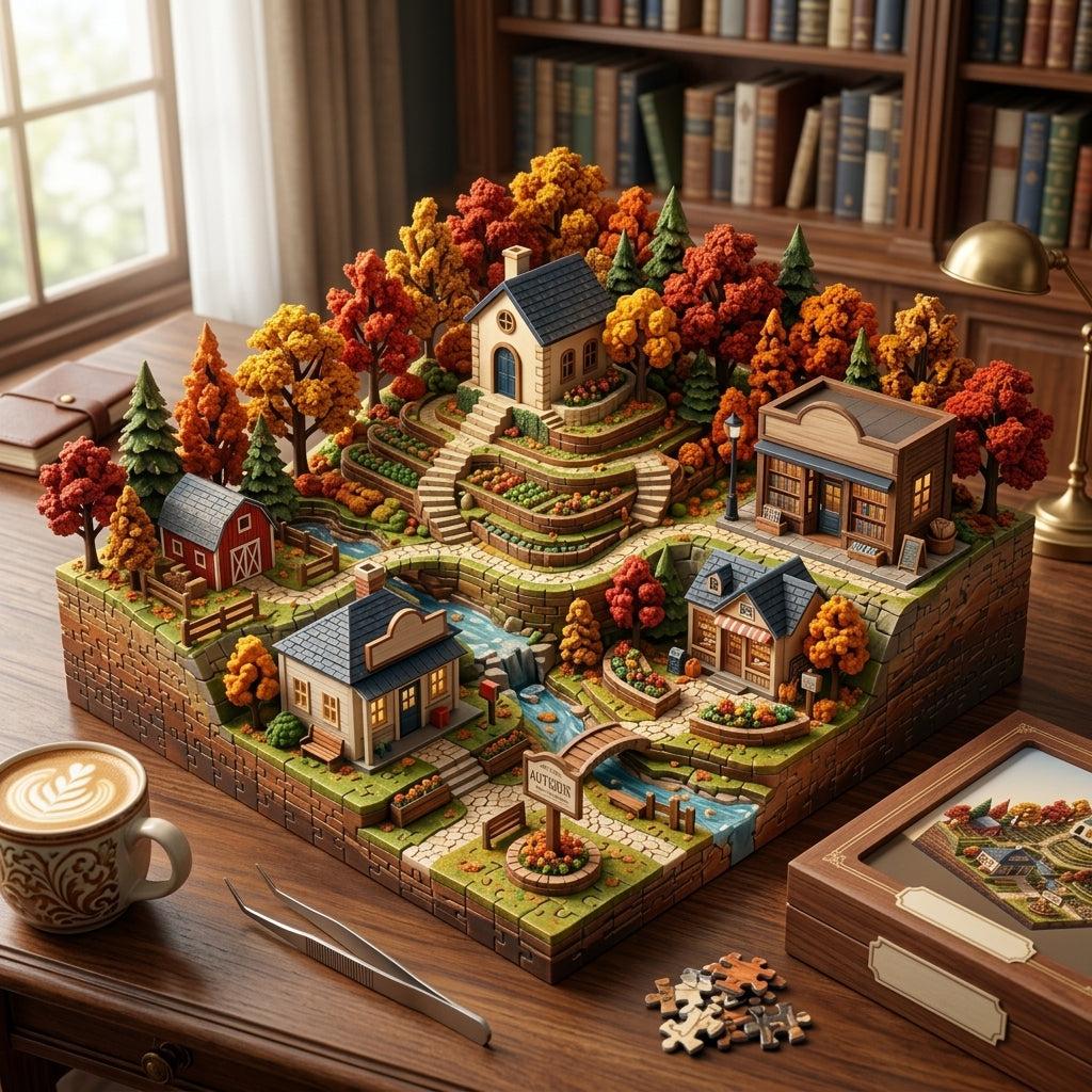 *XiasMv™ 1000-Piece Autumn Village 3D Diorama Puzzle*