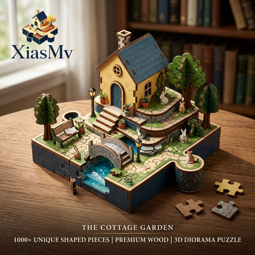 *XiasMv™ The Cottage Garden 3D Wooden Puzzle, 1000+ Pieces, Detailed House & Garden Diorama*