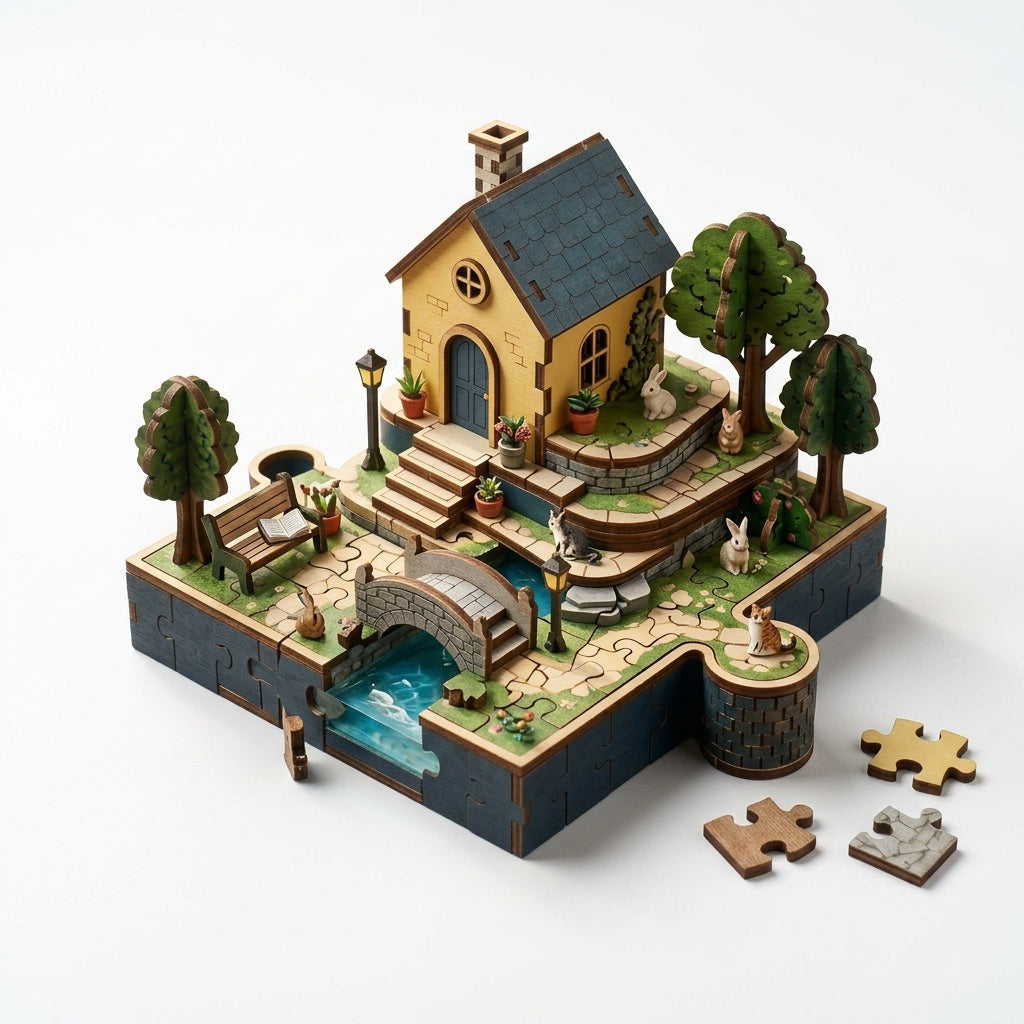 *XiasMv™ The Cottage Garden 3D Wooden Puzzle, 1000+ Pieces, Detailed House & Garden Diorama*