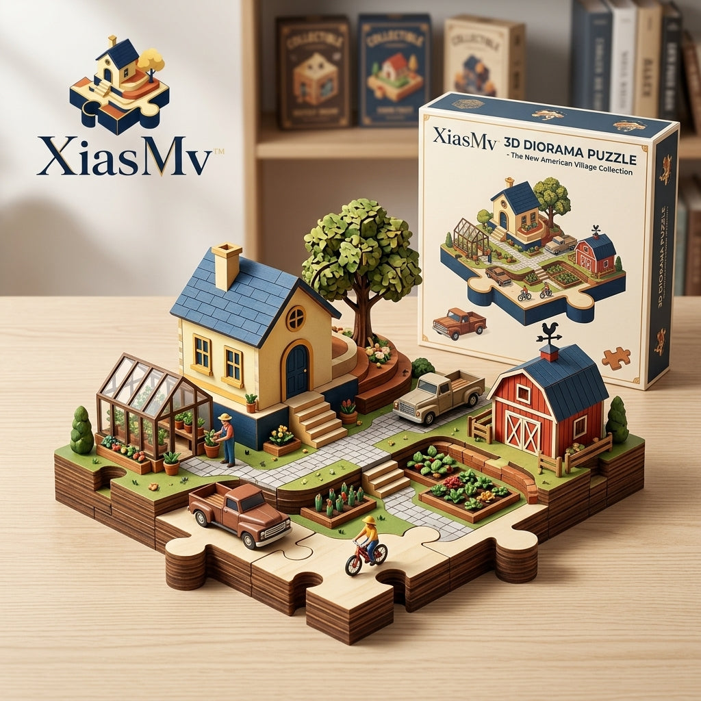 XiasMv™ 3D Diorama Puzzle, New American Village Farmhouse & Garden Scene, Layered Village Building Set and Home Décor Display