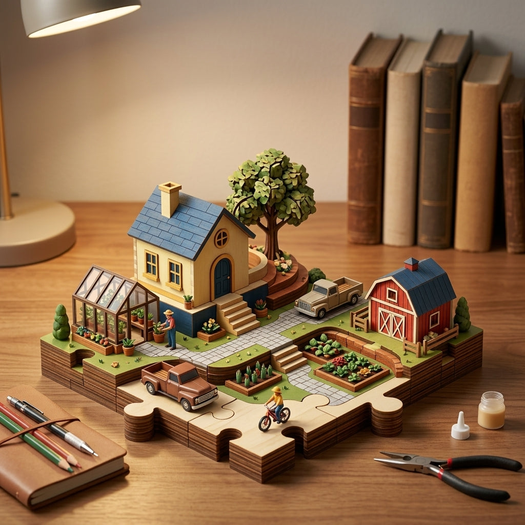 XiasMv™ 3D Diorama Puzzle, New American Village Farmhouse & Garden Scene, Layered Village Building Set and Home Décor Display