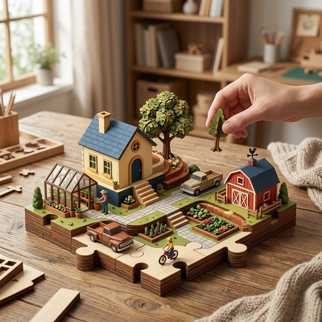 XiasMv™ 3D Diorama Puzzle, New American Village Farmhouse & Garden Scene, Layered Village Building Set and Home Décor Display