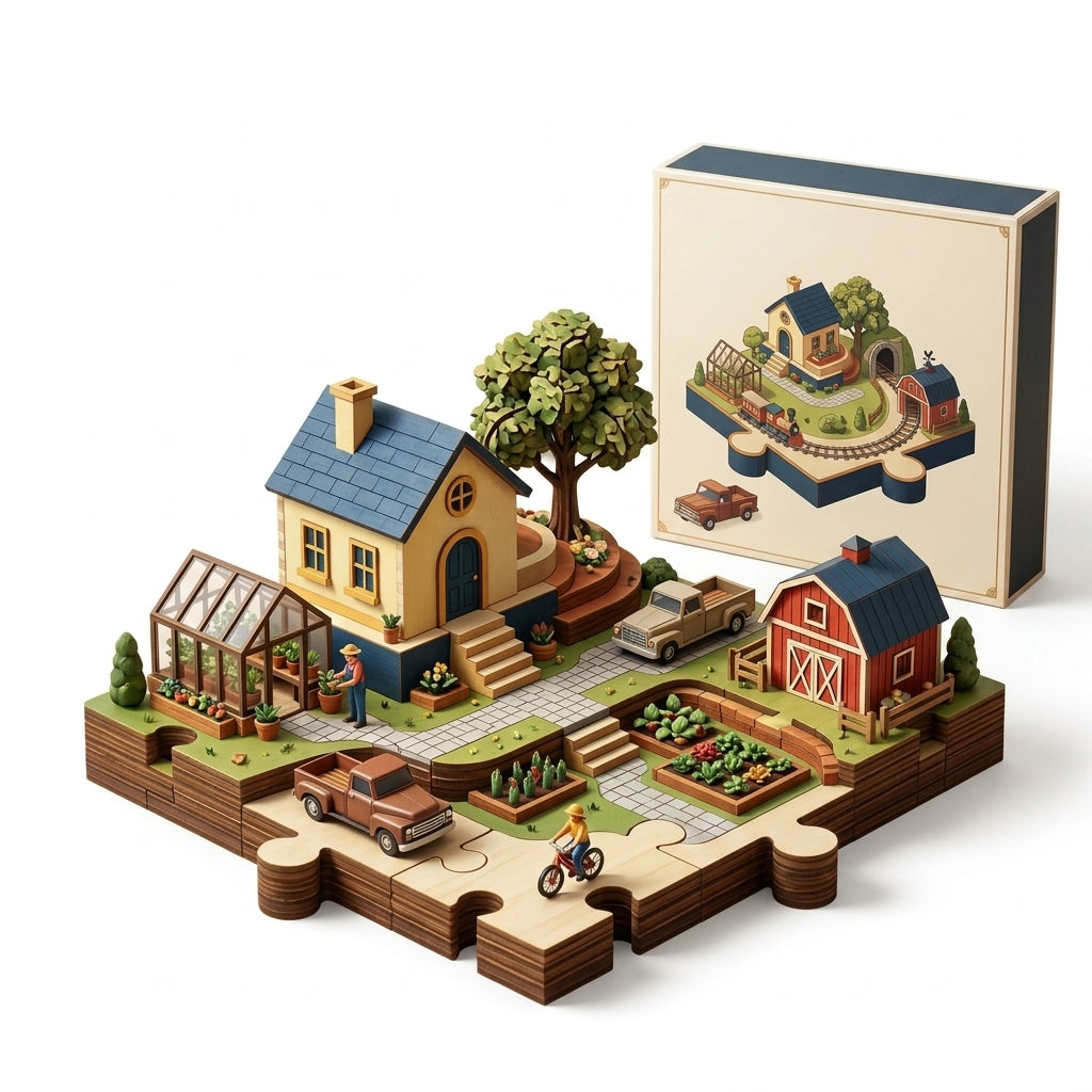 XiasMv™ 3D Diorama Puzzle, New American Village Farmhouse & Garden Scene, Layered Village Building Set and Home Décor Display