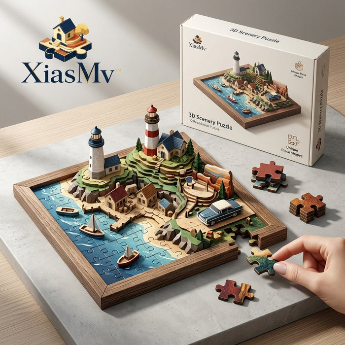 *XiasMv™ 3D Coastal Lighthouse Wooden Puzzle, 30-Piece Seaside Village Model with Unique-Shaped Pieces*