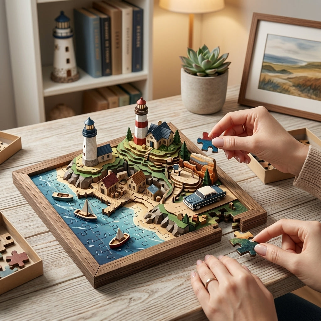 *XiasMv™ 3D Coastal Lighthouse Wooden Puzzle, 30-Piece Seaside Village Model with Unique-Shaped Pieces*