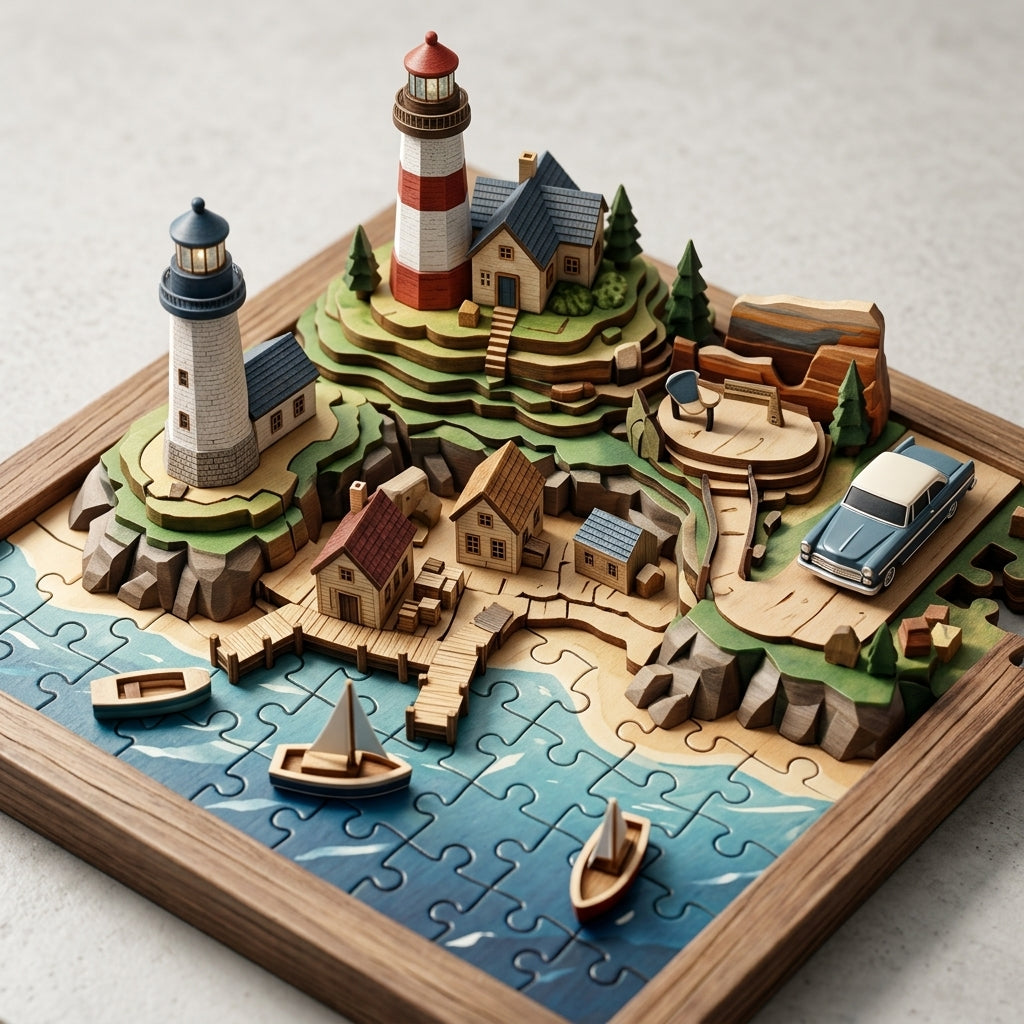 *XiasMv™ 3D Coastal Lighthouse Wooden Puzzle, 30-Piece Seaside Village Model with Unique-Shaped Pieces*