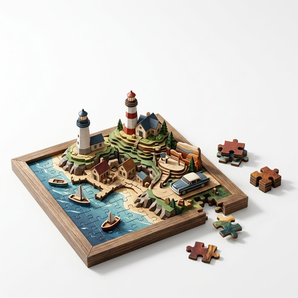 *XiasMv™ 3D Coastal Lighthouse Wooden Puzzle, 30-Piece Seaside Village Model with Unique-Shaped Pieces*