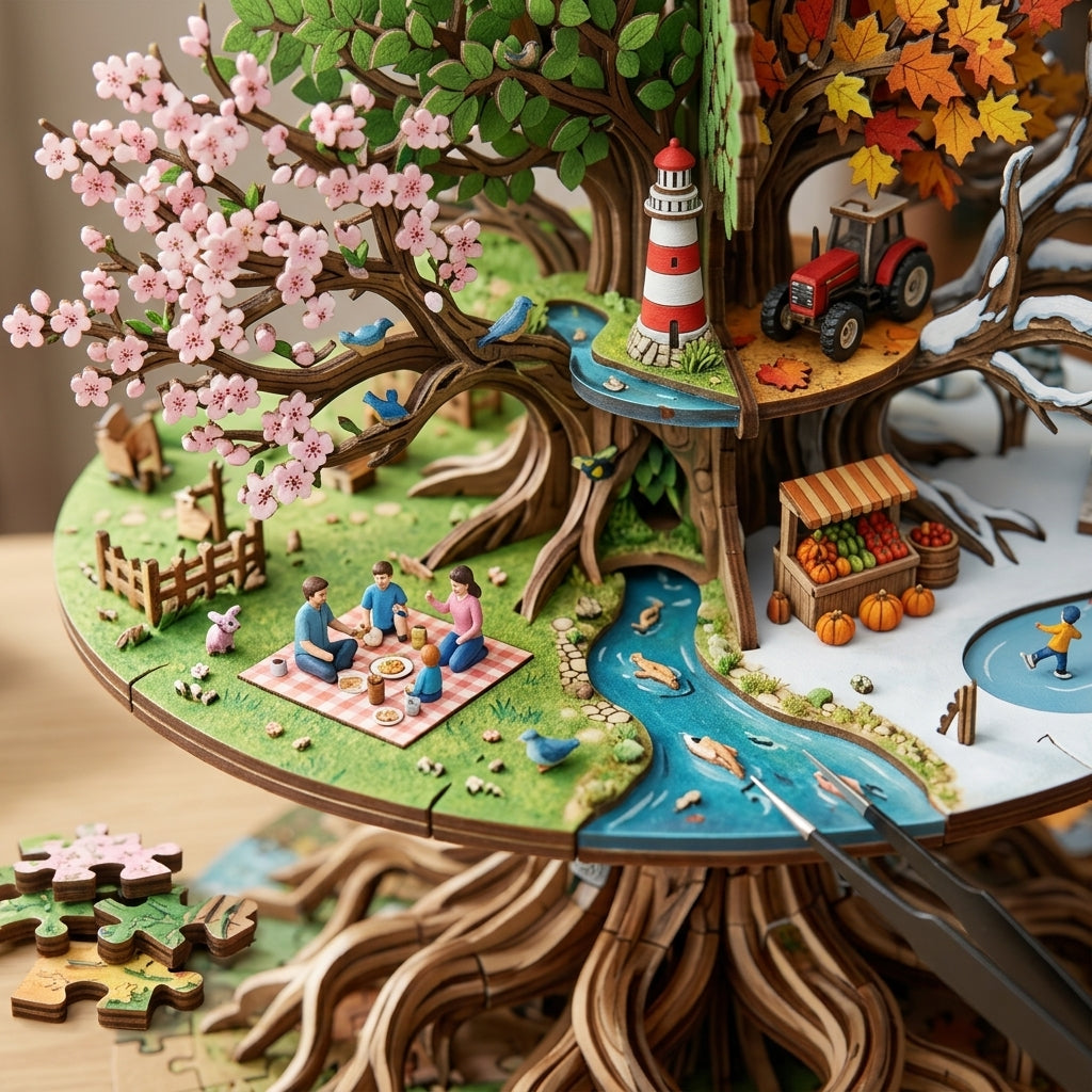 *XiasMv™ Four Seasons Tree 3D Wooden Puzzle Model – Nature-Themed Decorative Building Kit*